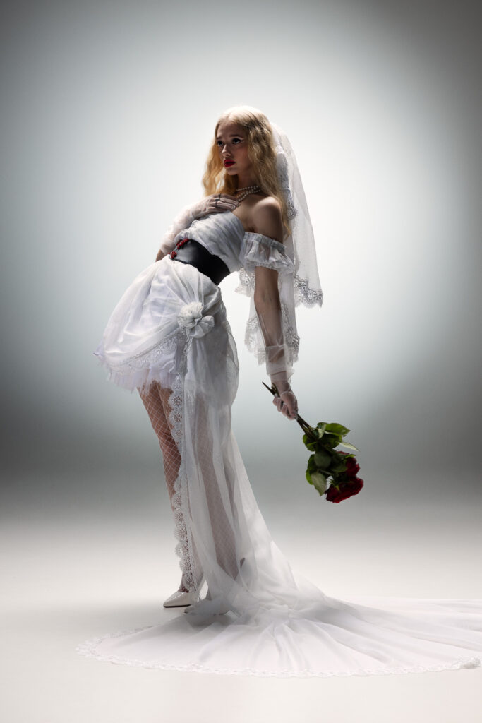 Editorial Photograph showing model wearing avant-garde outfit from Robin Maranca’s graduation collection.