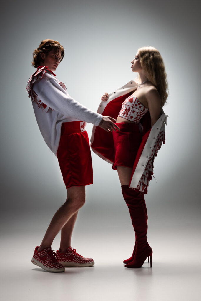 Editorial Photograph showing models wearing avant-garde outfit from Robin Maranca’s graduation collection.