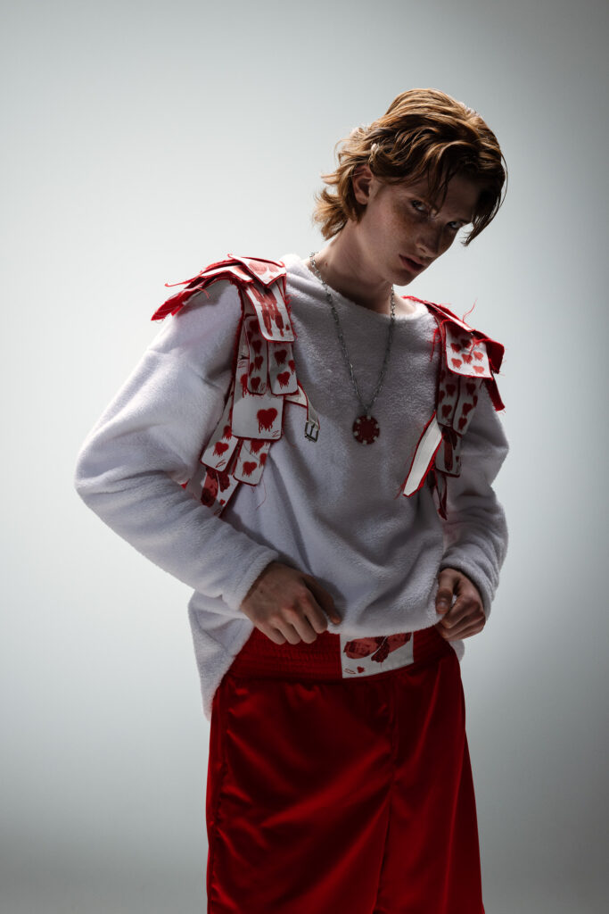 Editorial Photograph showing model wearing avant-garde outfit from Robin Maranca’s graduation collection.