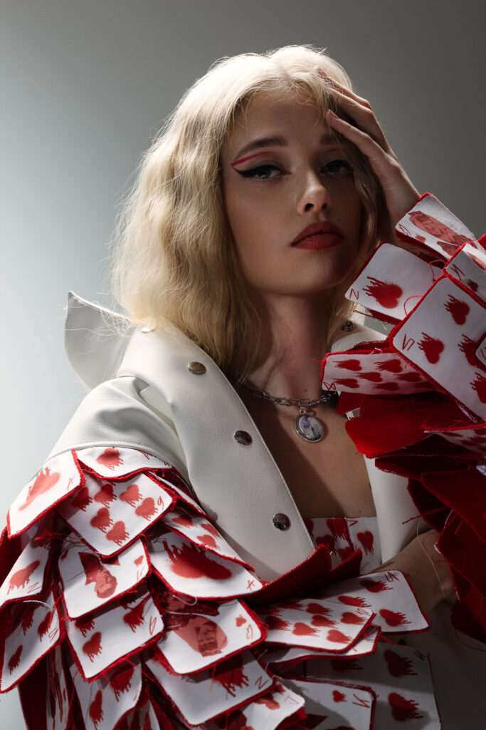 Editorial Photograph showing model wearing avant-garde outfit from Robin Maranca’s graduation collection.
