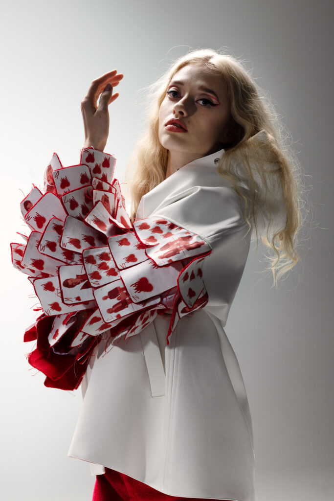 Editorial Photograph showing model wearing avant-garde outfit from Robin Maranca’s graduation collection.