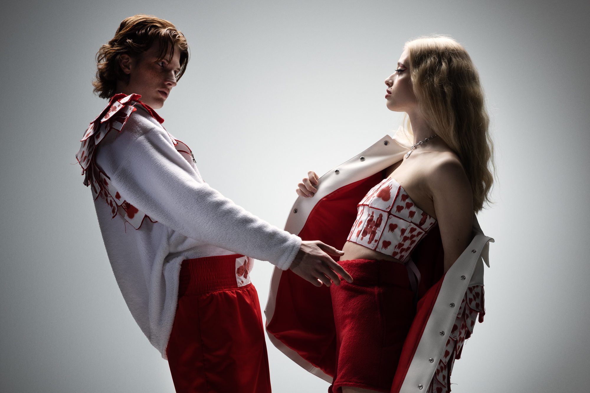Editorial Photograph showing models wearing avant-garde outfit from Robin Maranca’s graduation collection.